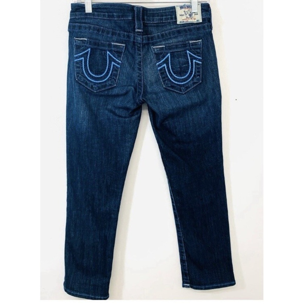 True Religion Y2K Low Rise Crop Jeans Woman 27 Blue Dark Wash Embroidery USA